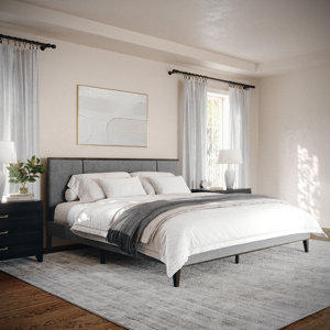 Martha Stewart Jett Wooden Platform Bed With Upholstered Base And ...